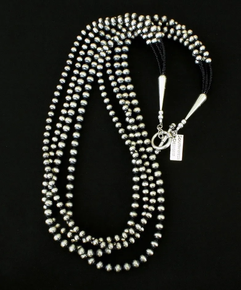 4-Strand Oxidized Sterling Silver Bead Necklace with Sterling Silver Cones and Toggle Clasp