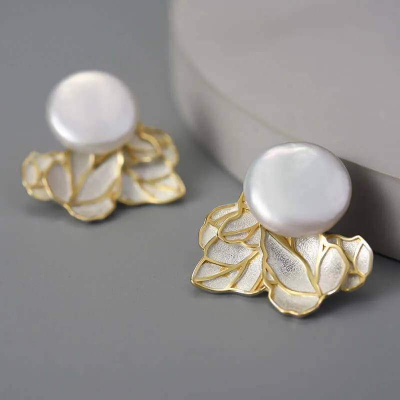 925 Silver Vintage Baroque Pearl Leaf Stud Earrings