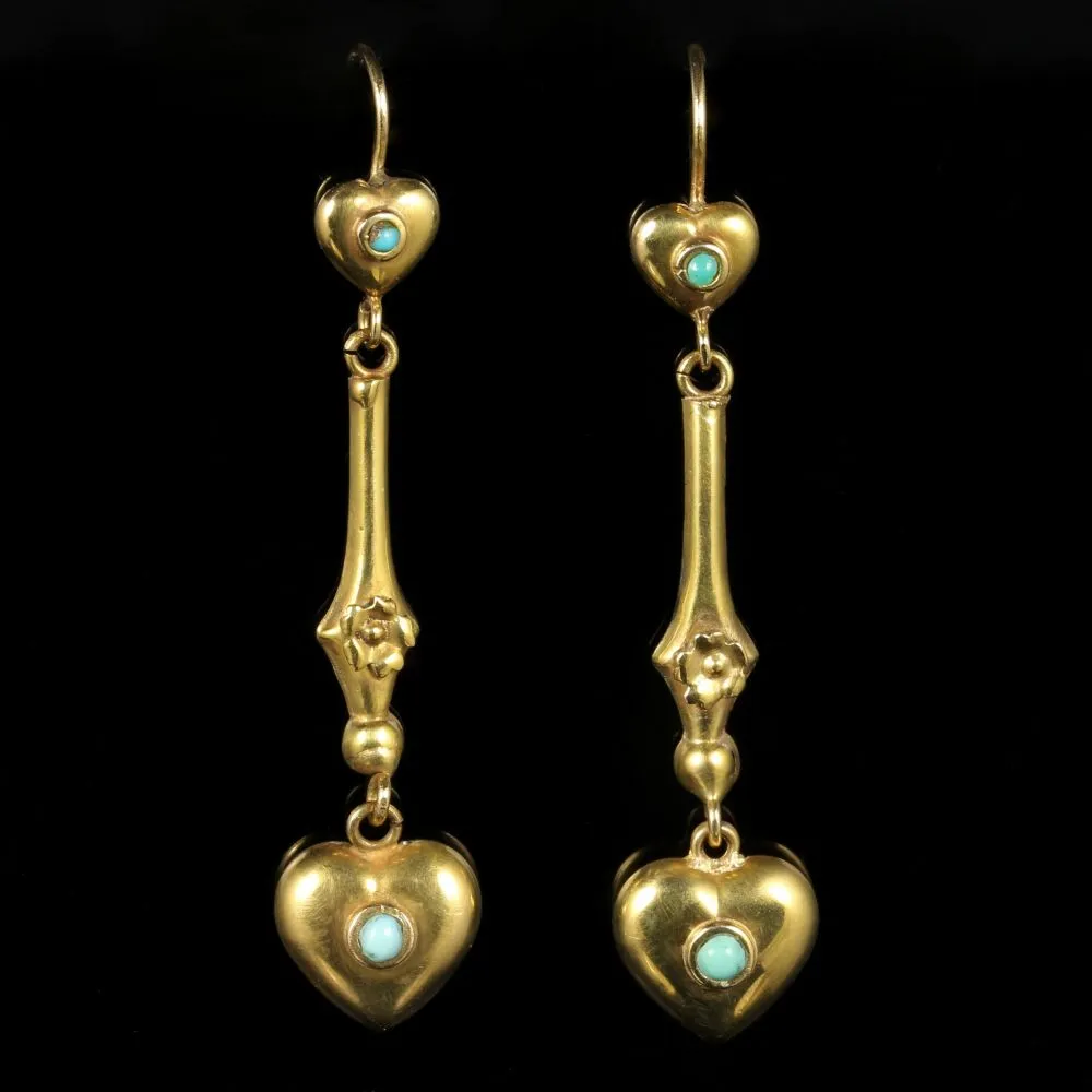 Antique Victorian Turquoise Heart Earrings 15Ct Gold Circa 1880