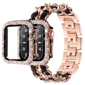 Apple Watch Series 3/2/1 42mm elegant stainless steel with rhinestone cover - Rose Gold / Black Leather