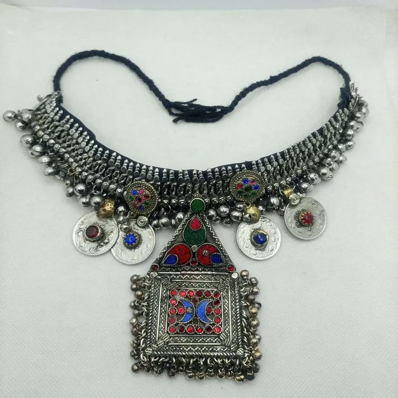Boho Silver Kuchi Big Choker With Dangling Pendant