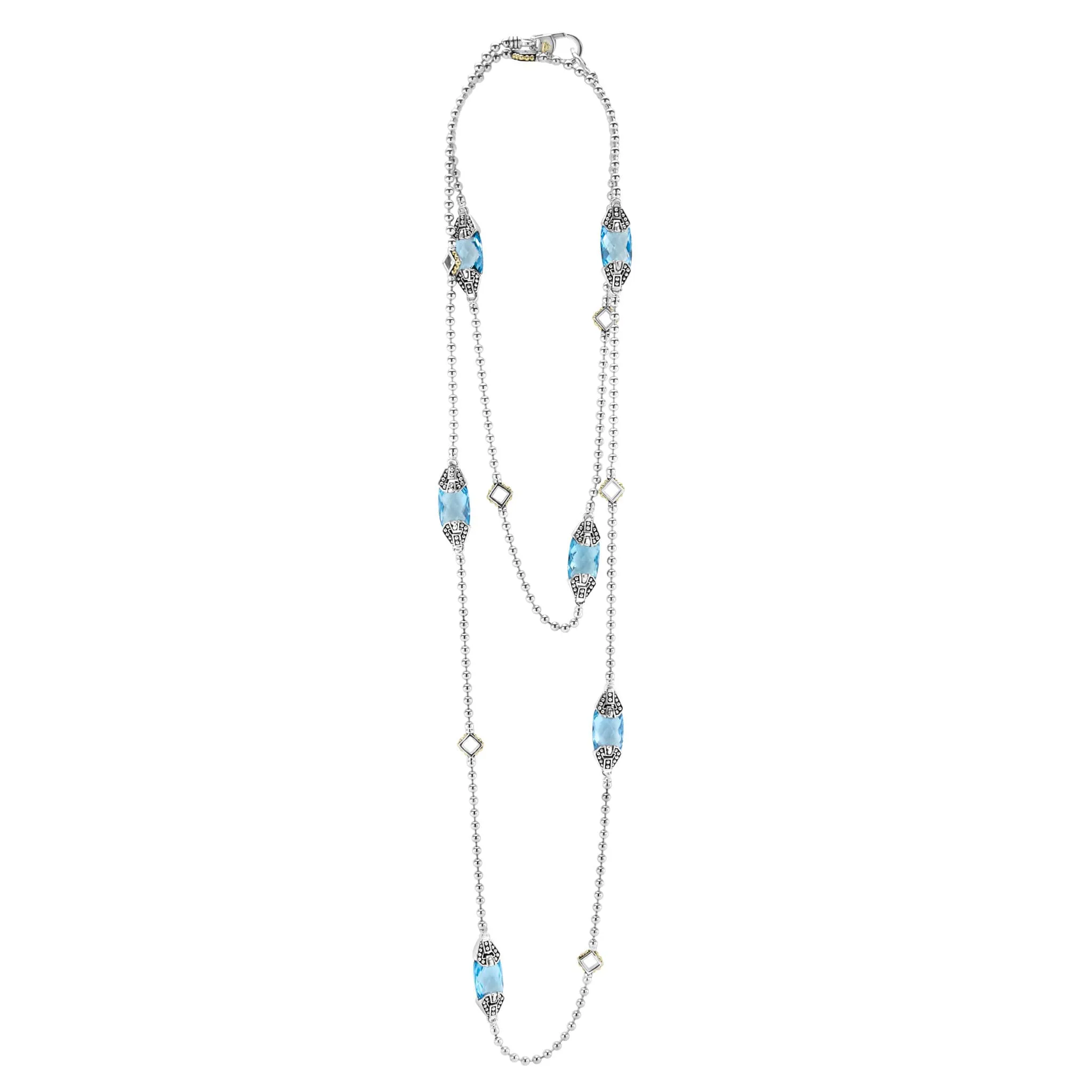 Caviar Color Six Station Swiss Blue Topaz Necklace