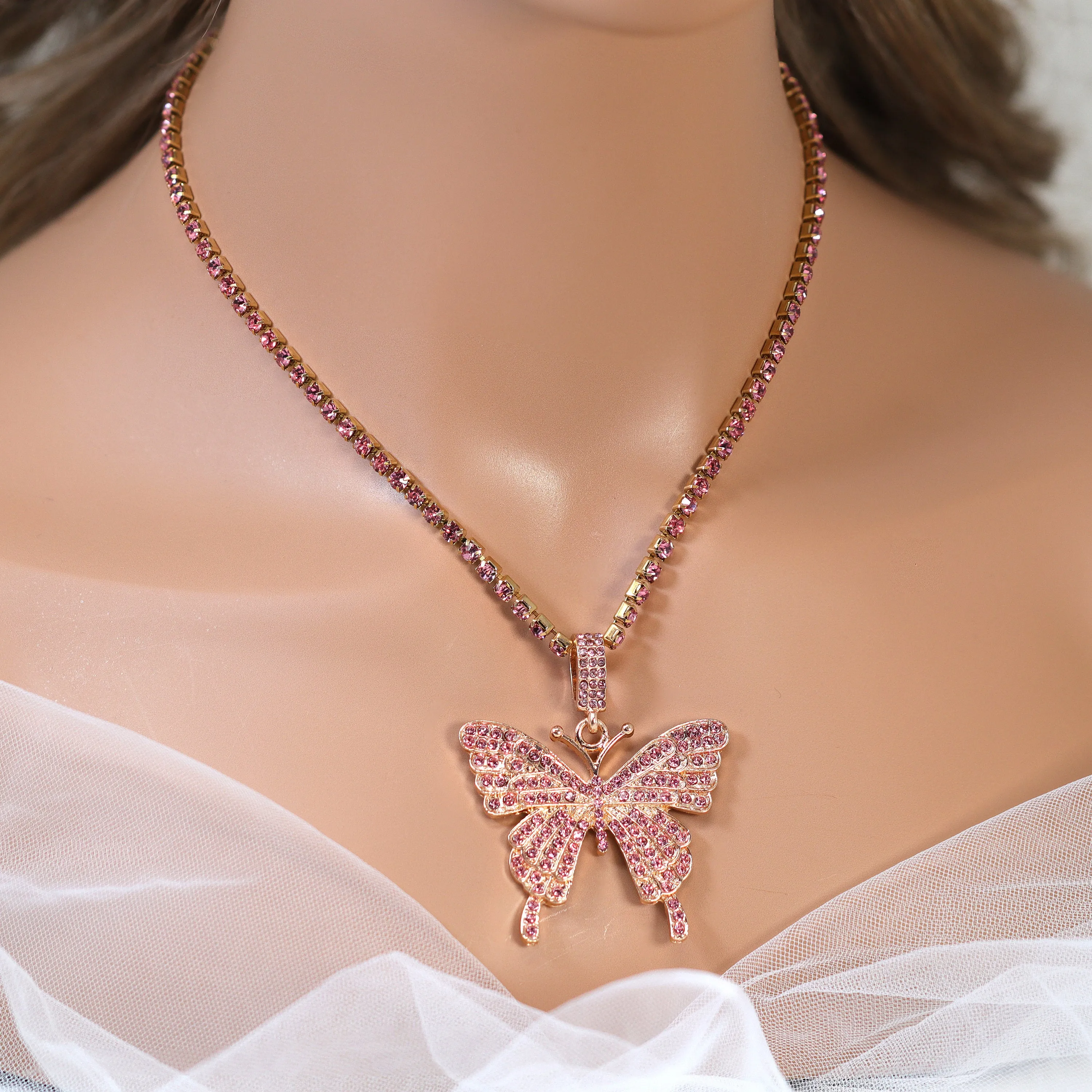 Gold Pink Rhinestone Butterfly Necklace• Butterfly Drop Necklace • Minimalist • Gold Butterfly  Necklace