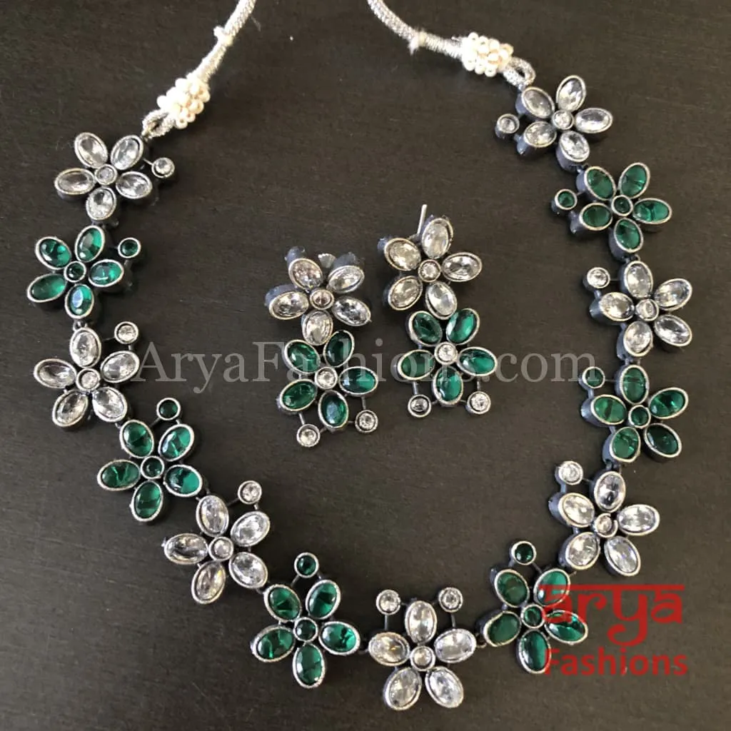 Naisa Designer Oxidized Silver Statement Necklace with colored stones