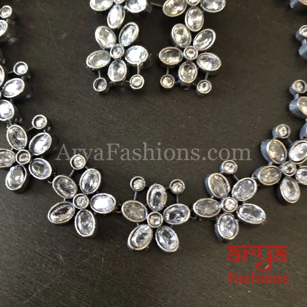 Naisa Designer Oxidized Silver Statement Necklace with colored stones