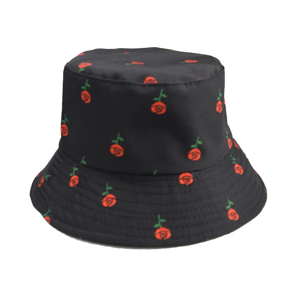 Unisex Reservible Rose Print Boonie Bucket Hat Cap Brim Outdoor Sun Safari Camping Fishing