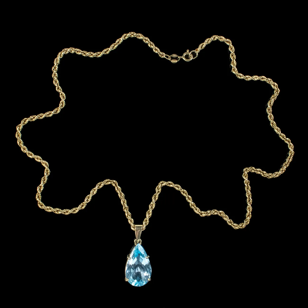 Vintage Blue Topaz Pendant Necklace 9ct Gold Dated 1980