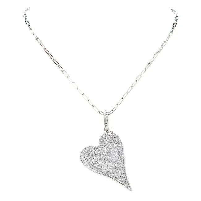 White Gold Filled CZ Pave Heart Pendant Necklace